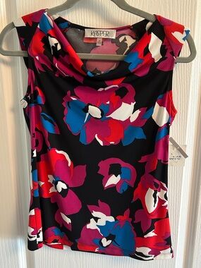 Kasper Black Floral Cowl Neck Sleeveless Top with Pink, Red & Blue Accents